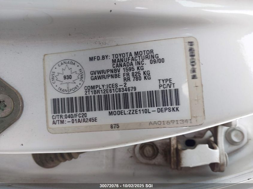 2001 Toyota Corolla Ce/Le/S VIN: 2T1BR12E61C834679 Lot: 30072076