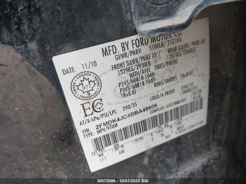 2011 Ford Edge Sel VIN: 2FMDK4JC4BBA48609 Lot: 30072098