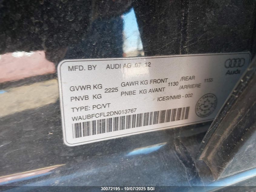 2013 Audi A4 Premium VIN: WAUBFCFL2DN013767 Lot: 30072195