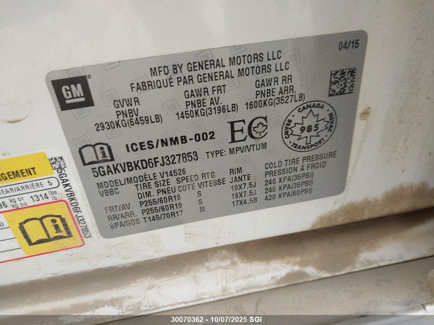 2015 Buick Enclave VIN: 5GAKVBKD6FJ327853 Lot: 30070362