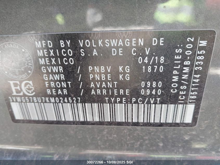 2019 Volkswagen Jetta Sel Premium VIN: 3VWG57BU7KM024527 Lot: 30072266