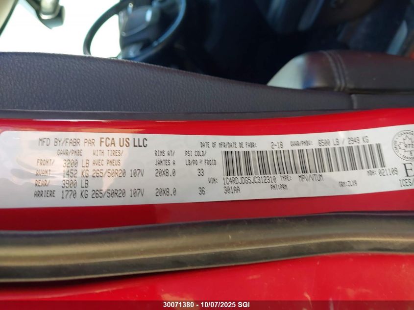 2018 Dodge Durango Gt VIN: 1C4RDJDG5JC312310 Lot: 30071380