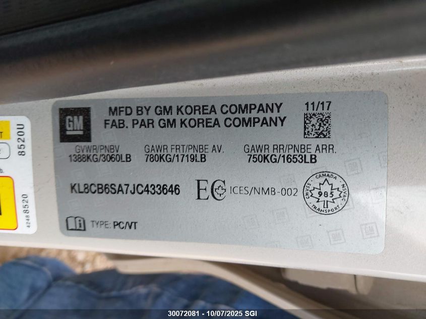 2018 Chevrolet Spark Ls VIN: KL8CB6SA7JC433646 Lot: 30072081