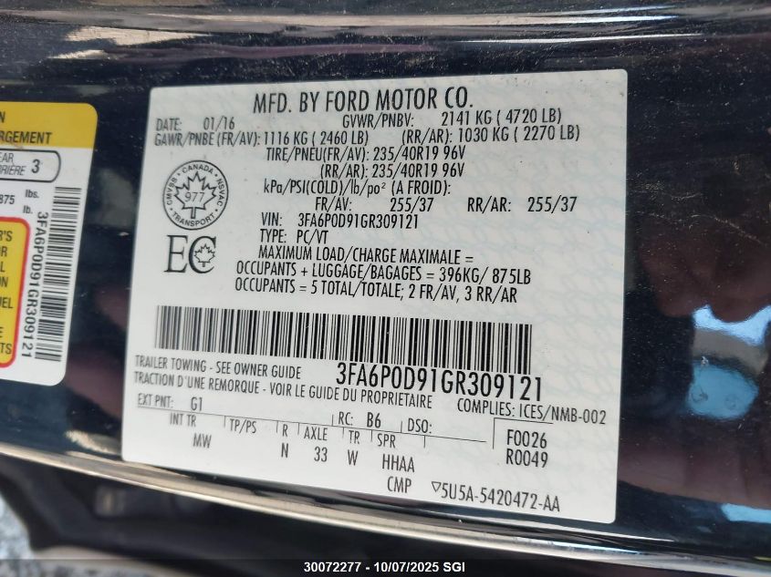 2016 Ford Fusion Titanium VIN: 3FA6P0D91GR309121 Lot: 30072277