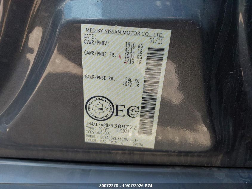 2015 Nissan Altima 2.5/S/Sv/Sl VIN: 1N4AL3AP8FN389772 Lot: 30072278