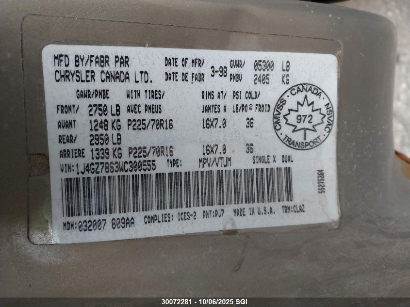 1998 Jeep Grand Cherokee Limited VIN: 1J4GZ78S3WC300555 Lot: 30072281