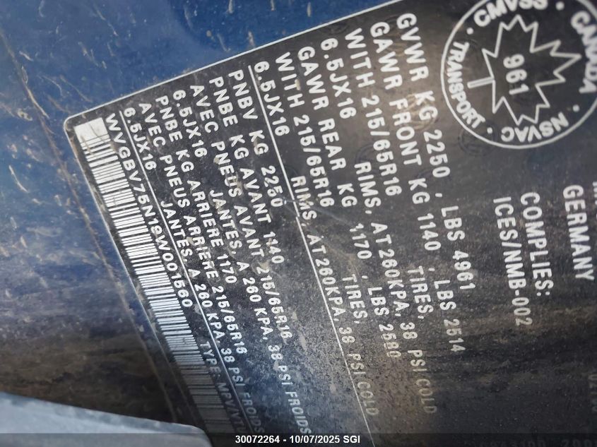 2009 Volkswagen Tiguan Se/Sel VIN: WVGBV75N19W001560 Lot: 30072264