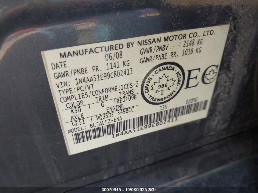 2009 Nissan Maxima S/Sv VIN: 1N4AA51E99C802413 Lot: 30070915