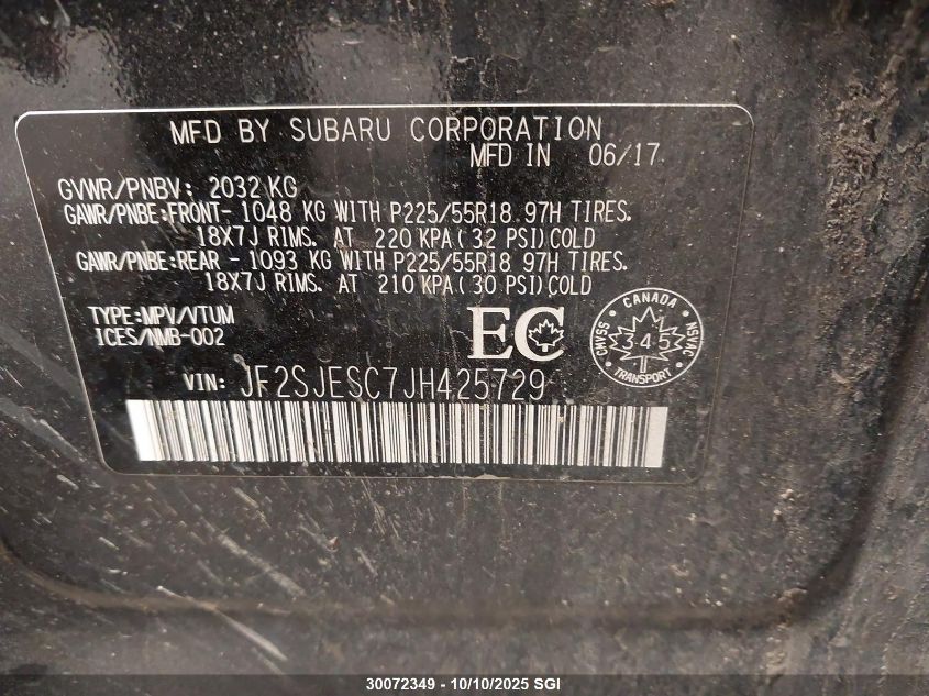 2018 Subaru Forester 2.5I Touring VIN: JF2SJESC7JH425729 Lot: 30072349