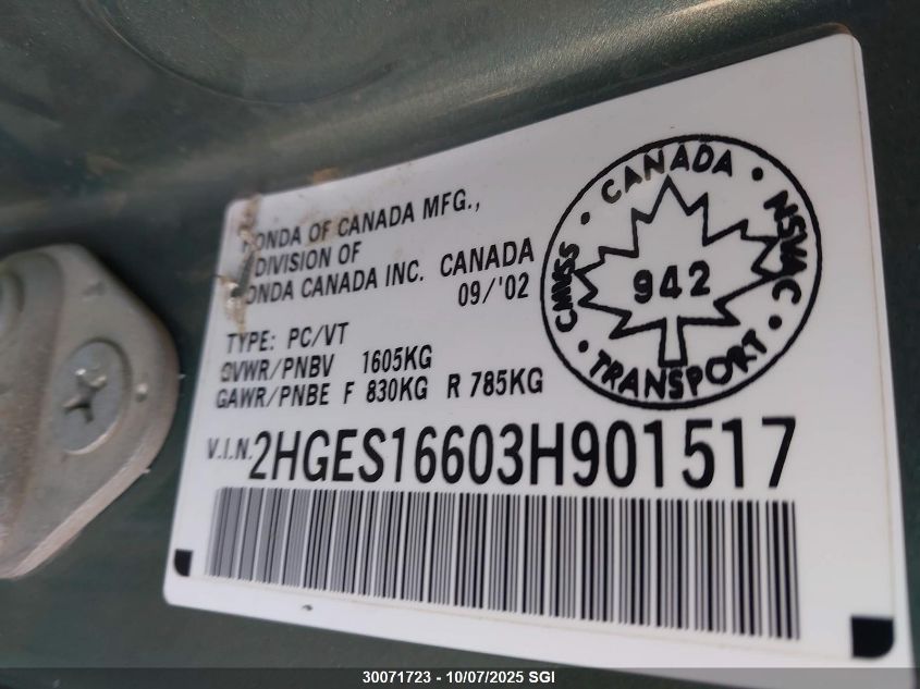 2003 Honda Civic Lx VIN: 2HGES16603H901517 Lot: 30071723