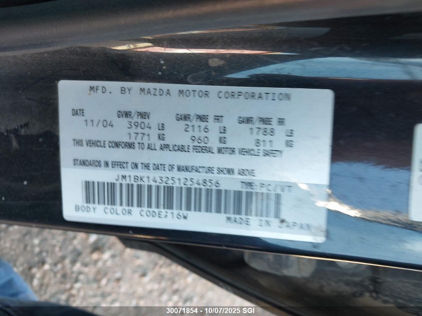 2005 Mazda 3 Hatchback VIN: JM1BK143251254856 Lot: 30071854