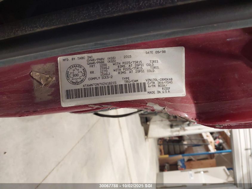 1999 Toyota Tacoma Xtracab VIN: 4TAWN72N7XZ418215 Lot: 30067788