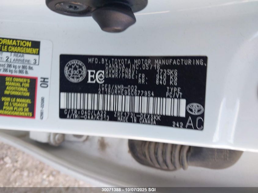 2016 Toyota Corolla L/Le/Le Pls/Prm/S/S Pls VIN: 2T1BURHE9GC677954 Lot: 30071388