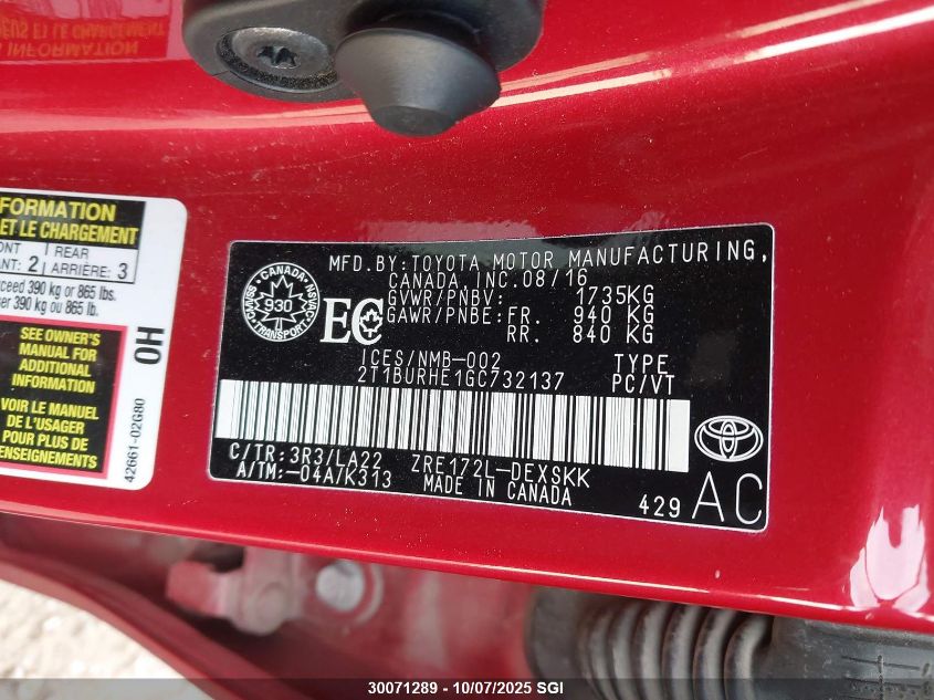 2016 Toyota Corolla L/Le/Le Pls/Prm/S/S Pls VIN: 2T1BURHE1GC732137 Lot: 30071289