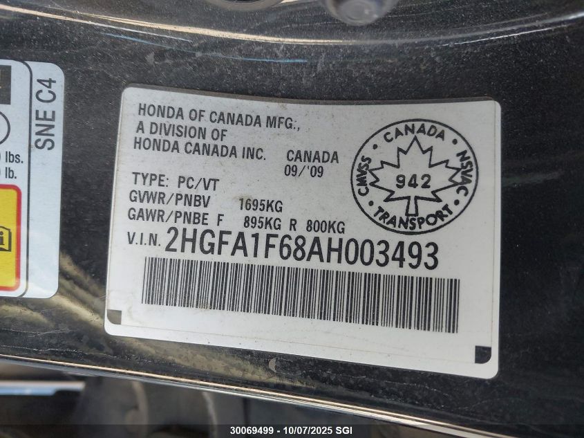 2010 Honda Civic Lx-S VIN: 2HGFA1F68AH003493 Lot: 30069499