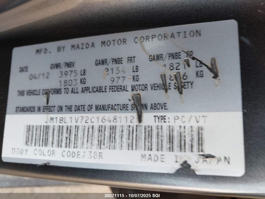 2012 Mazda 3 I VIN: JM1BL1V72C1648112 Lot: 30071115