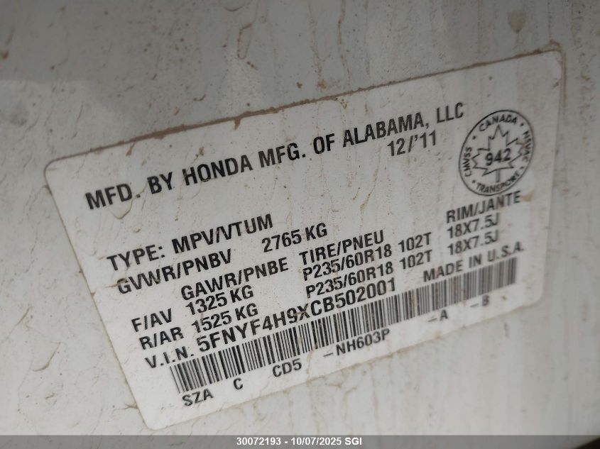 2012 Honda Pilot Touring VIN: 5FNYF4H9XCB502001 Lot: 30072193