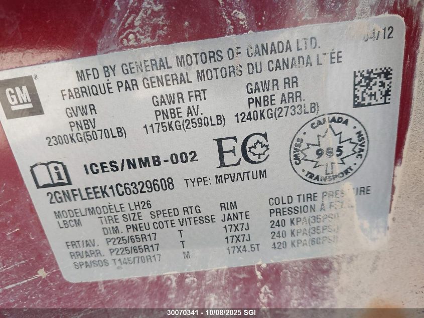 2012 Chevrolet Equinox Lt VIN: 2GNFLEEK1C6329608 Lot: 30070341