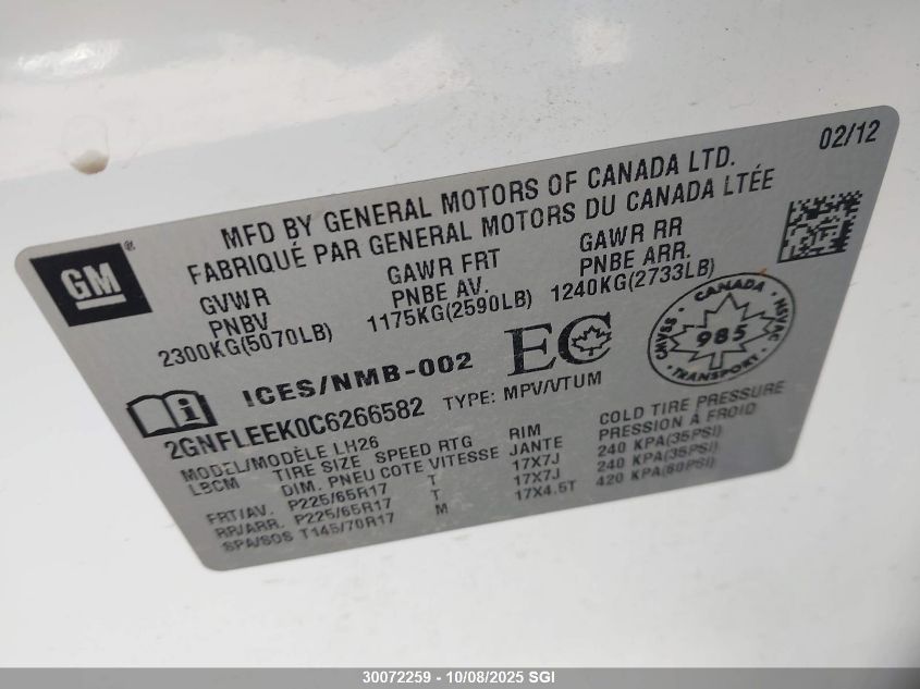 2012 Chevrolet Equinox Lt VIN: 2GNFLEEK0C6266582 Lot: 30072259