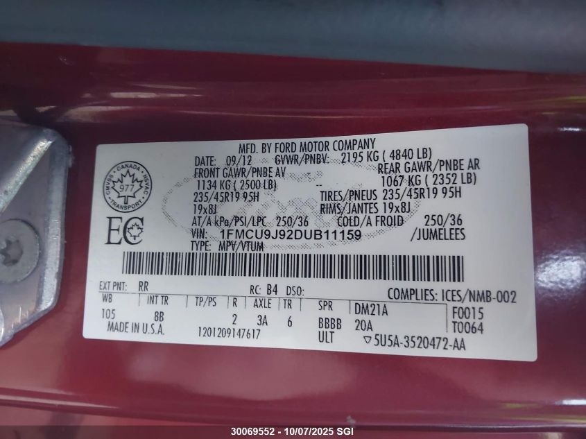 2013 Ford Escape Titanium VIN: 1FMCU9J92DUB11159 Lot: 30069552