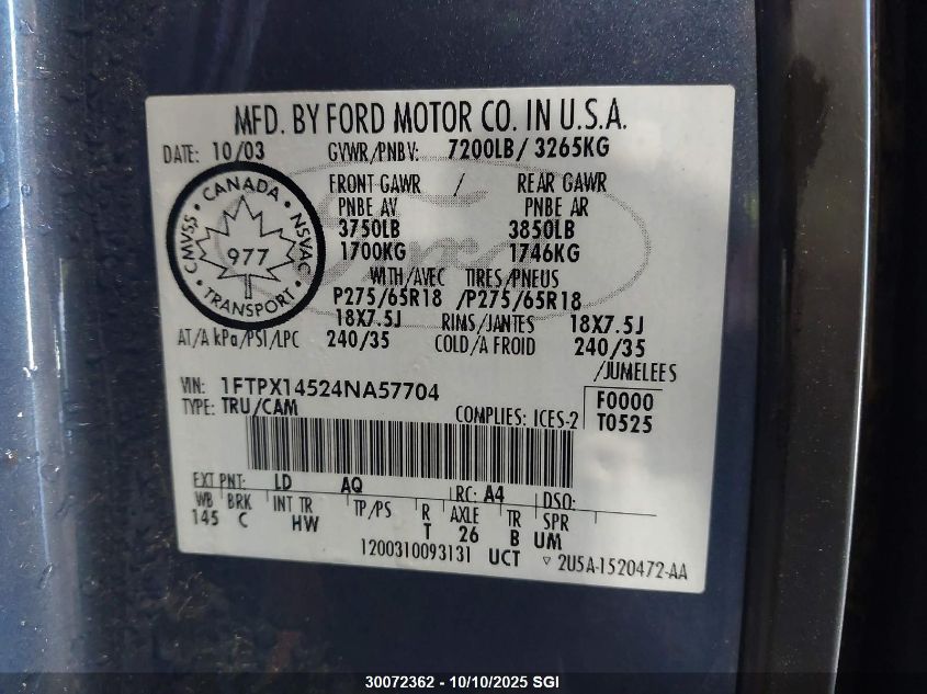 2004 Ford F150 VIN: 1FTPX14524NA57704 Lot: 30072362