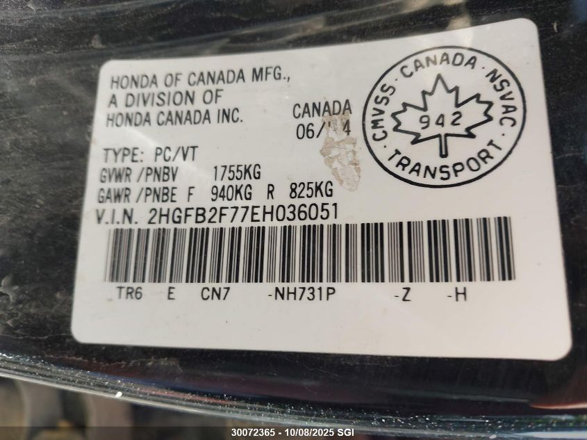 2014 Honda Civic Touring VIN: 2HGFB2F77EH036051 Lot: 30072365