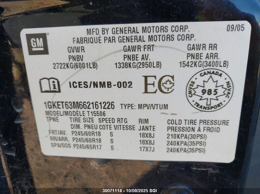 2006 GMC Envoy Denali VIN: 1GKET63M662161226 Lot: 30071114