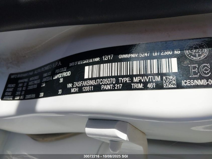 2018 Alfa Romeo Stelvio Ti VIN: ZASFAKBN9J7C05070 Lot: 30072216