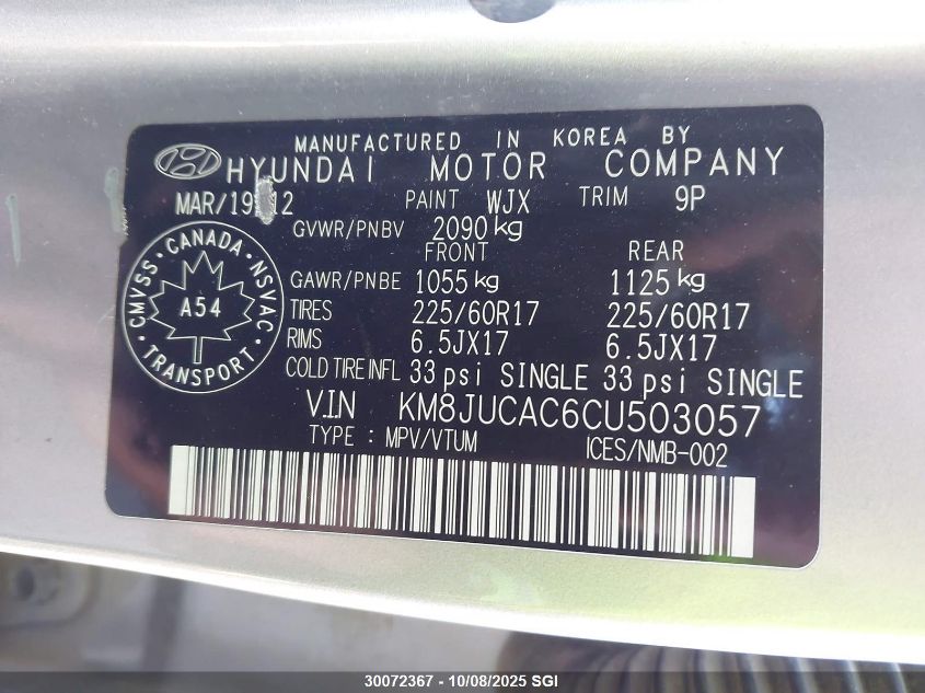 2012 Hyundai Tucson Gls/Limited VIN: KM8JUCAC6CU503057 Lot: 30072367