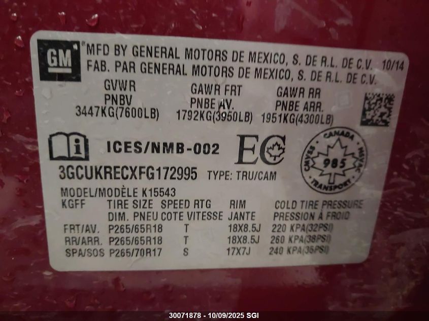 2015 Chevrolet Silverado K1500 Lt VIN: 3GCUKRECXFG172995 Lot: 30071878