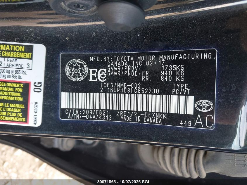 2017 Toyota Corolla L/Le/Xle/Se/Xse VIN: 2T1BURHE8HC852230 Lot: 30071855