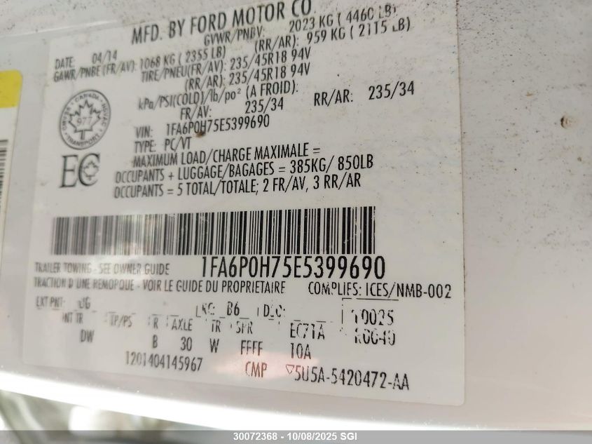 2014 Ford Fusion Se VIN: 1FA6P0H75E5399690 Lot: 30072368