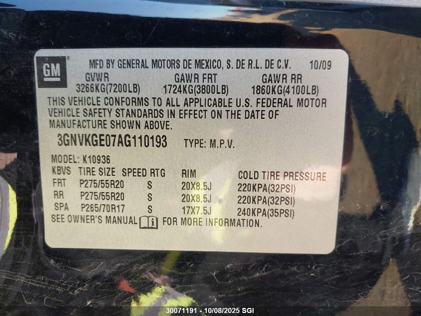 2010 Chevrolet Avalanche Ltz VIN: 3GNVKGE07AG110193 Lot: 30071191