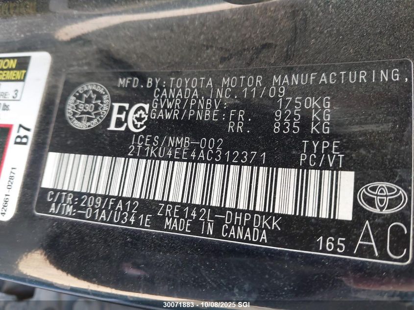 2010 Toyota Corolla Matrix VIN: 2T1KU4EE4AC312371 Lot: 30071883