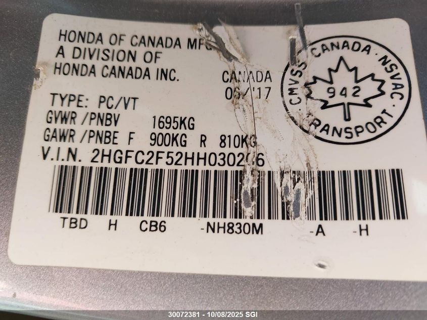 2017 Honda Civic Lx VIN: 2HGFC2F52HH030206 Lot: 30072381