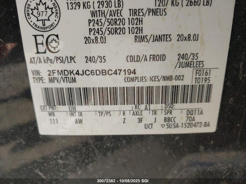 2013 Ford Edge Sel VIN: 2FMDK4JC6DBC47194 Lot: 30072382