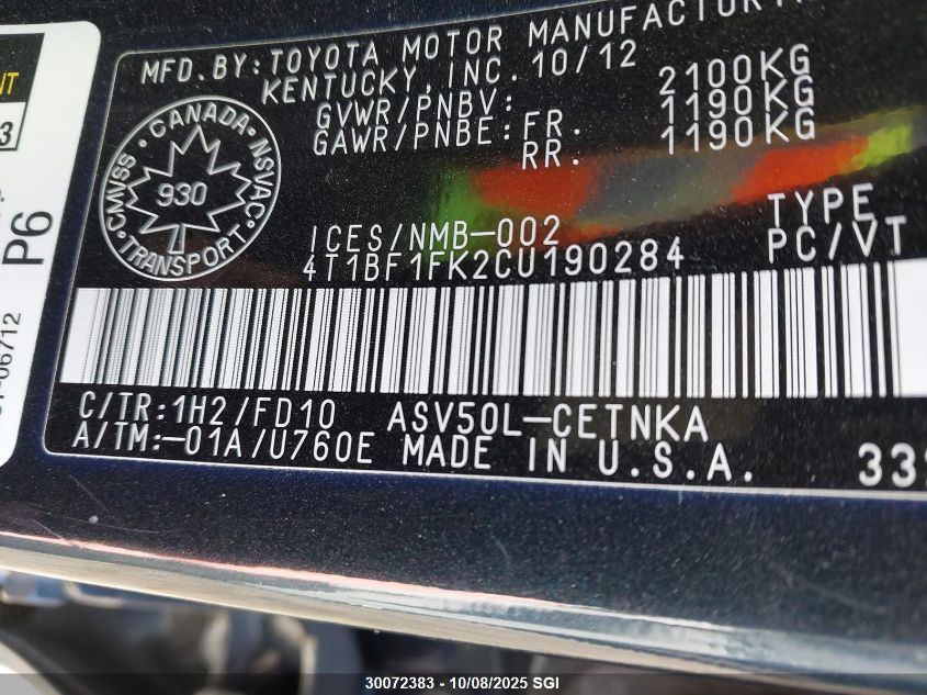 2012 Toyota Camry Se/Le/Xle VIN: 4T1BF1FK2CU190284 Lot: 30072383