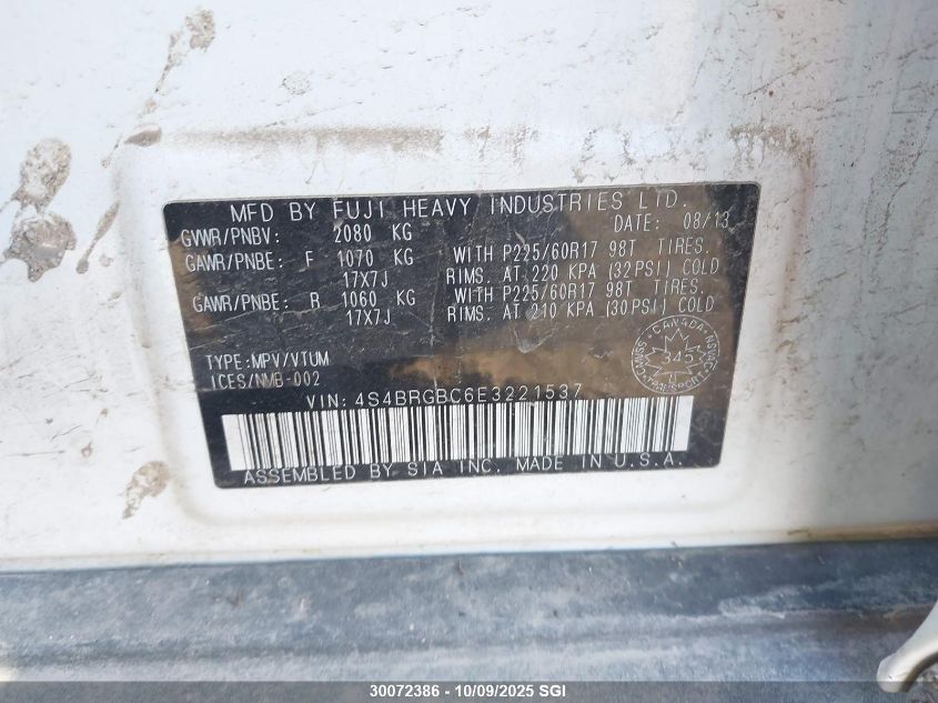 2014 Subaru Outback 2.5I Premium VIN: 4S4BRGBC6E3221537 Lot: 30072386