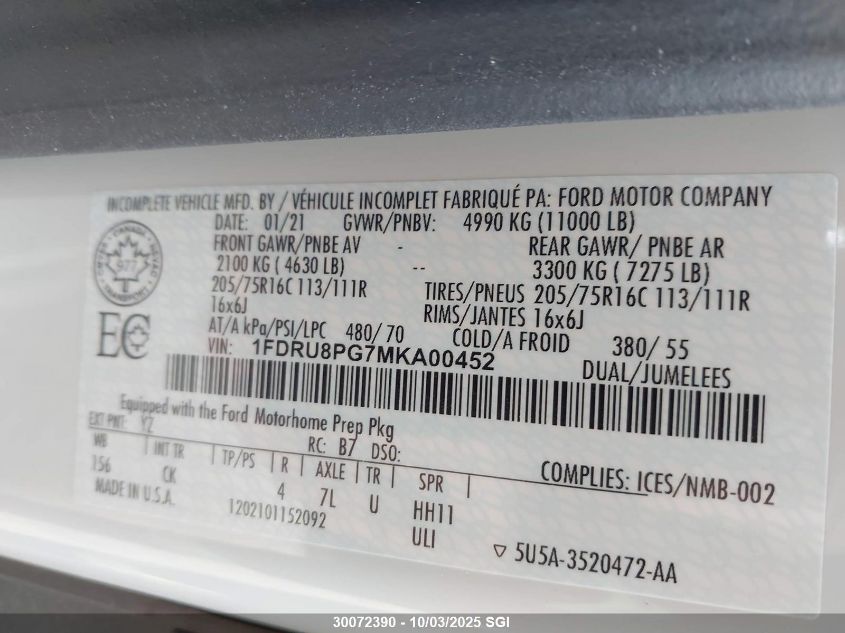 2021 Ford Transit T-350 Hd VIN: 1FDRU8PG7MKA00452 Lot: 30072390