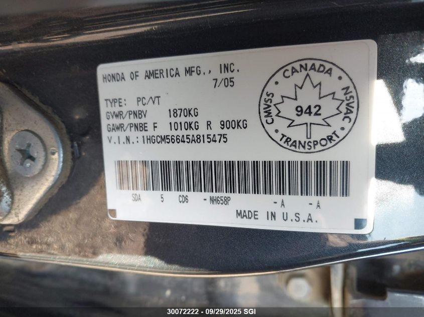2005 Honda Accord Ex VIN: 1HGCM56645A815475 Lot: 30072222