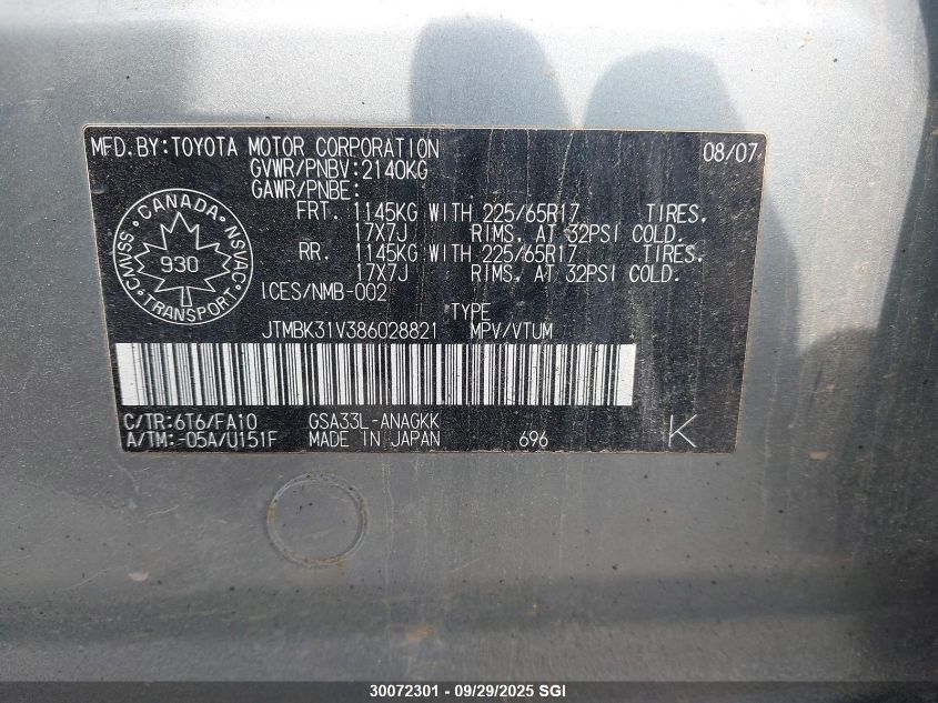 2008 Toyota Rav4 Limited VIN: JTMBK31V386028821 Lot: 30072301