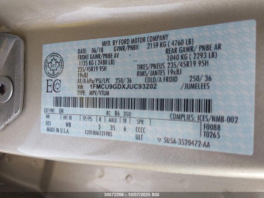 2018 Ford Escape Se VIN: 1FMCU9GDXJUC93202 Lot: 30072206