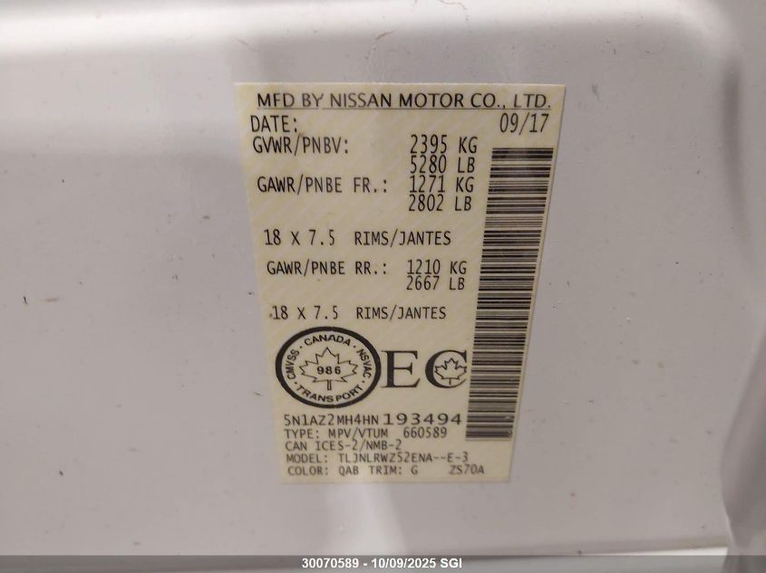 2017 Nissan Murano S/Sl/Sv/Platinum VIN: 5N1AZ2MH4HN193494 Lot: 30070589