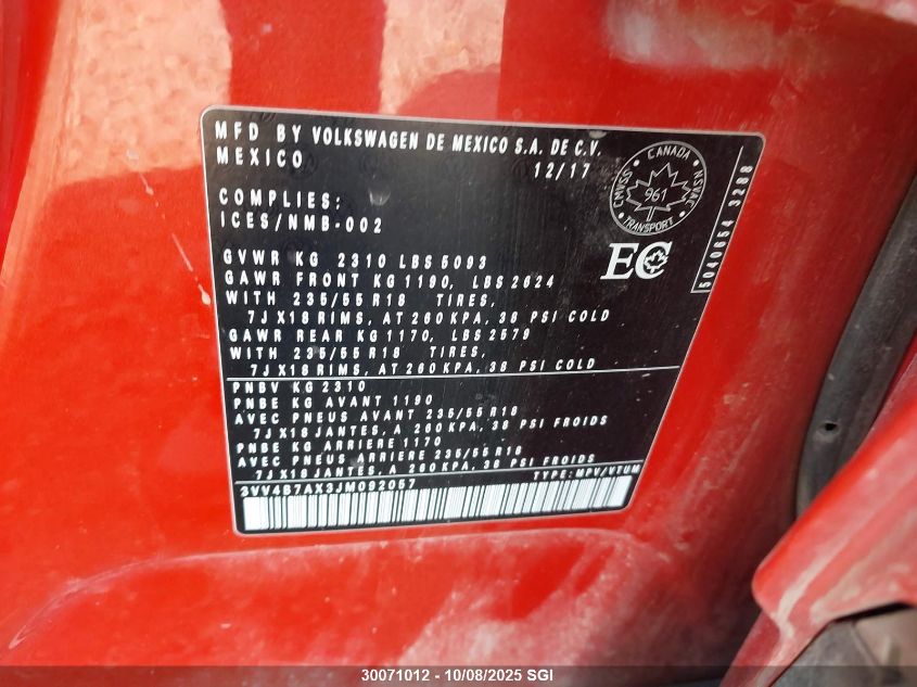 2018 Volkswagen Tiguan Highline VIN: 3VV4B7AX3JM092057 Lot: 30071012