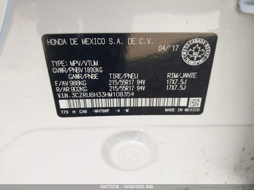 2017 Honda Hr-V VIN: 3CZRU6H33HM108354 Lot: 30072228