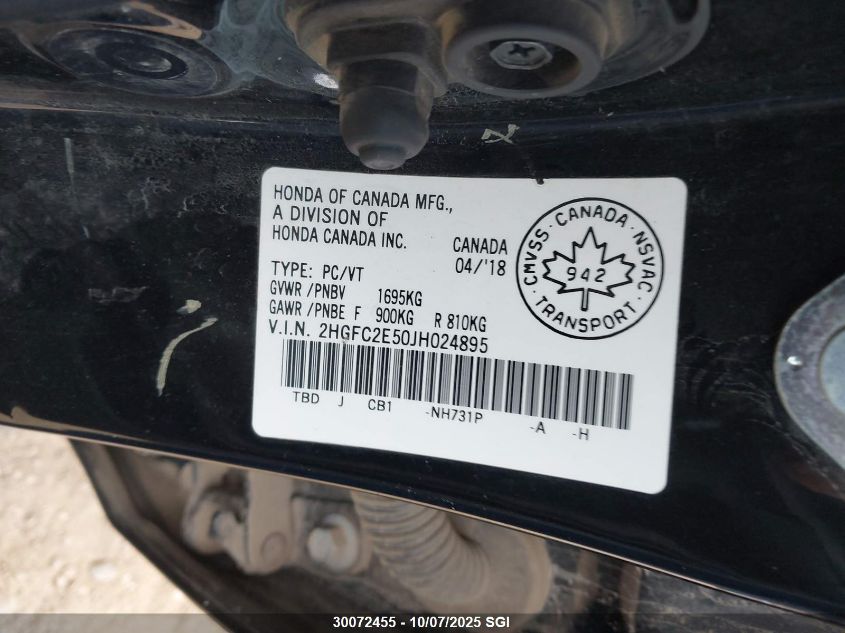 2018 Honda Civic Lx VIN: 2HGFC2E50JH024895 Lot: 30072455