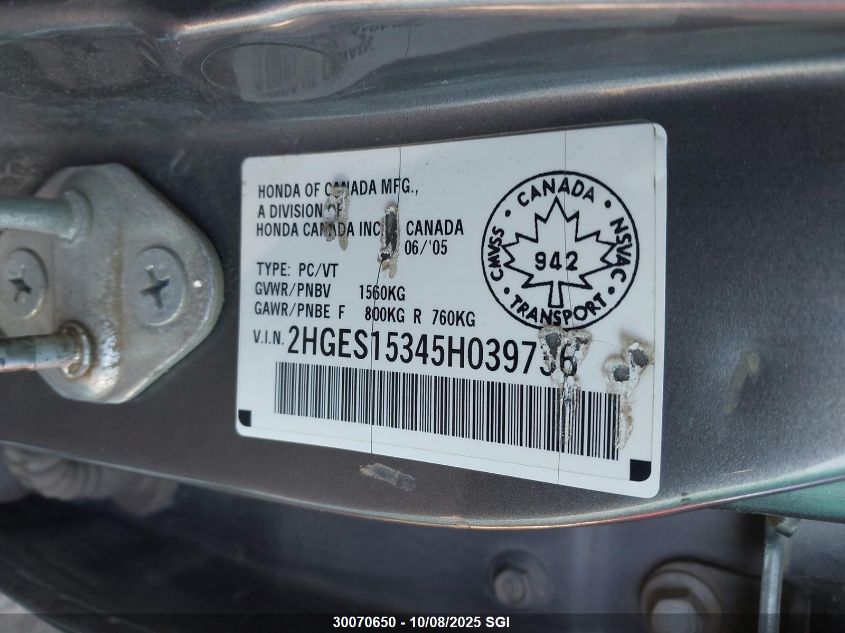 2005 Honda Civic Dx Vp VIN: 2HGES15345H039736 Lot: 30070650