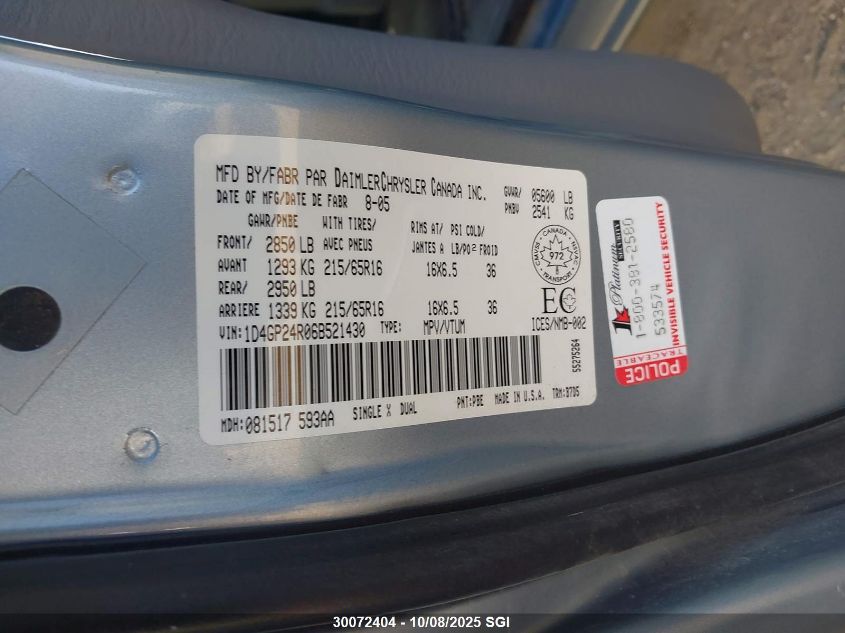 2006 Dodge Grand Caravan Se VIN: 1D4GP24R06B521430 Lot: 30072404