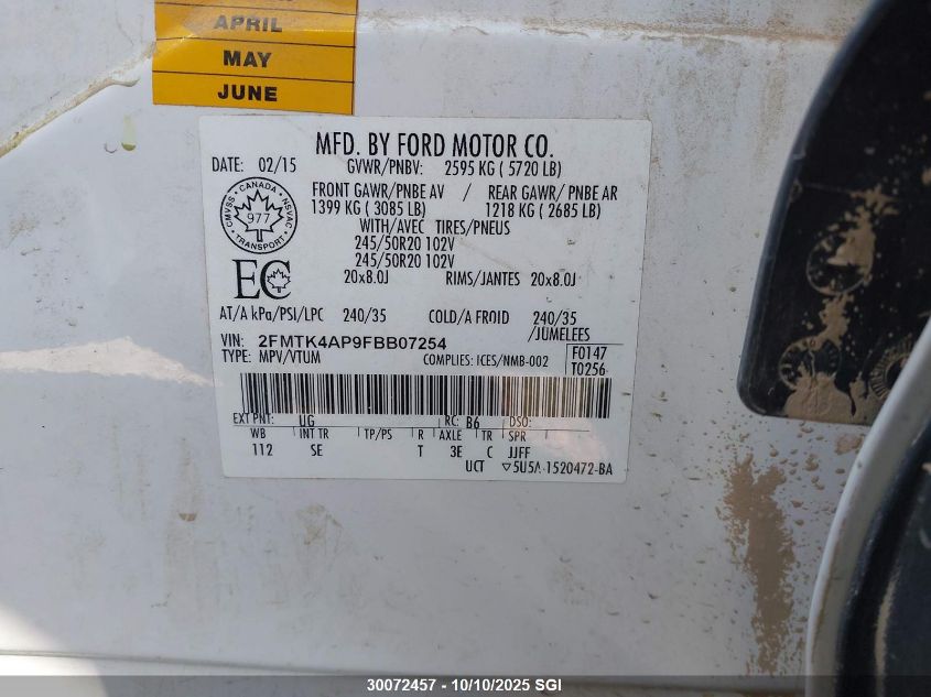 2015 Ford Edge Sport VIN: 2FMTK4AP9FBB07254 Lot: 30072457