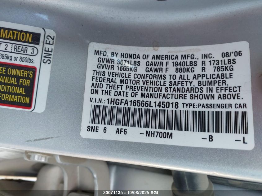 2006 Honda Civic Lx VIN: 1HGFA16566L145018 Lot: 30071135
